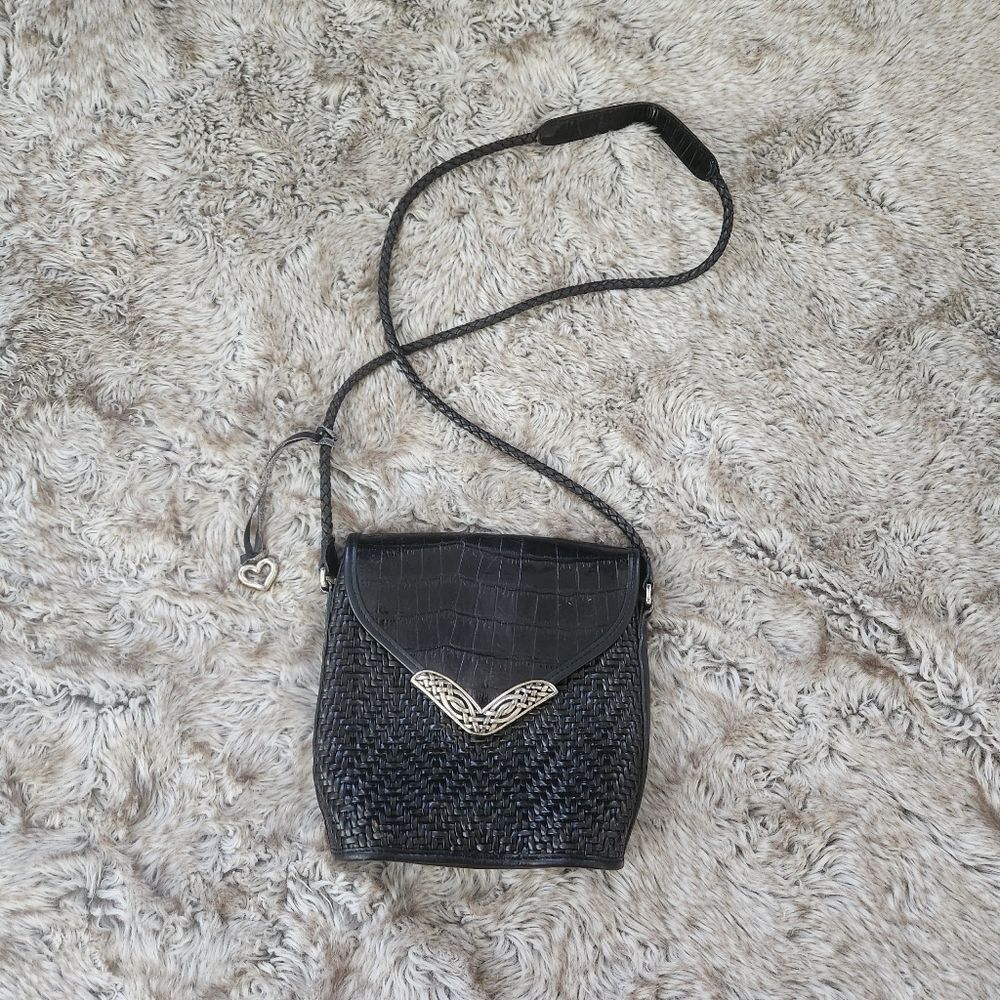 Vintage‎ Brighton 1980s Western Crossbody Bag Black Leather Silver Handware